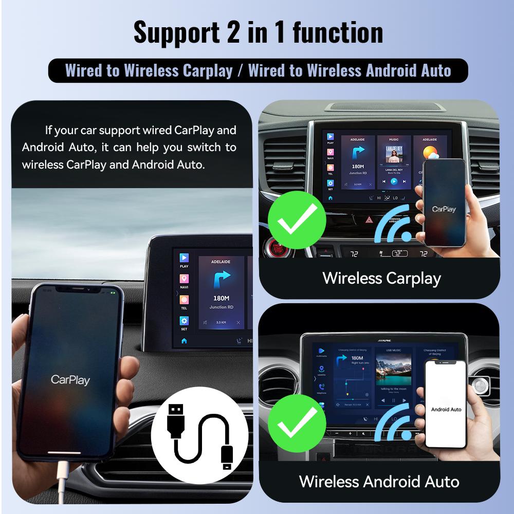 New Wired to Wireless CarPlay  Android Auto 2in1 Mini Adapter WiFi Suitable for 99% of original wired carplay/auto cars Carplay