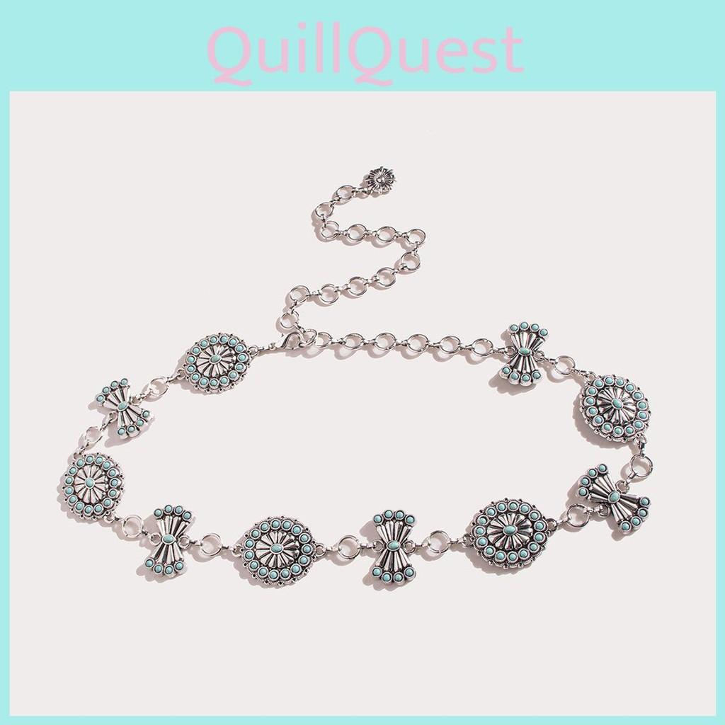 Classic Geometric Turquoise Metal Waist Chain Accessory With Design Carving