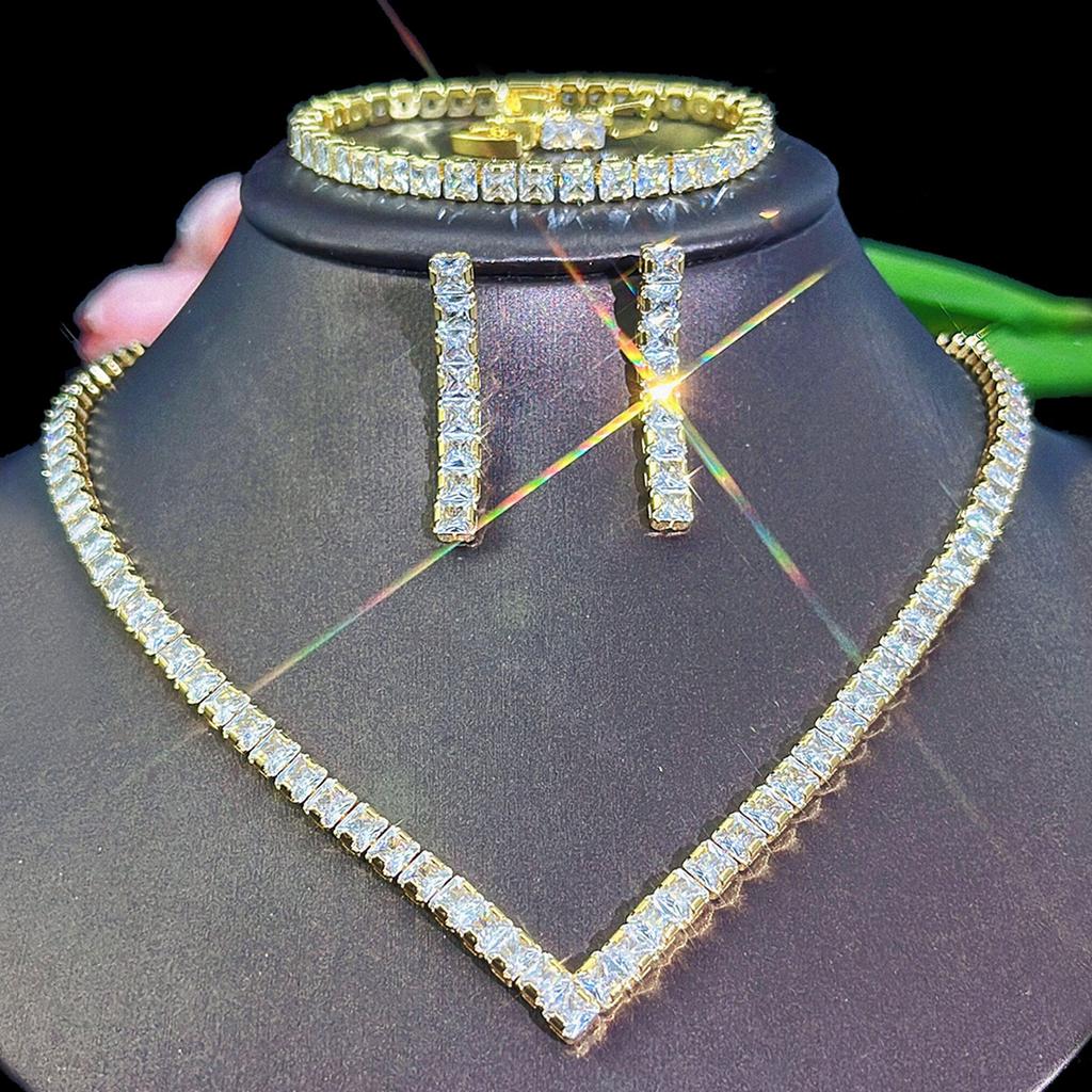 European and American Full Diamond Collarbone Chain Female Korean Version Simple Temperament Thin Versatile Zircon Necklace Earrings Wedding Set