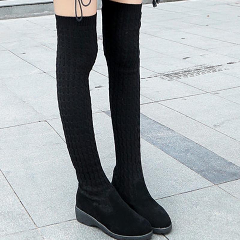 

Женские туфли на плоской подошве, высокие сапоги, повседневные выше колена, вязаные туфли, женская мода 2025 года, зимние дизайнерские удобные сапоги-носки Mujer Botas 35 чёрный