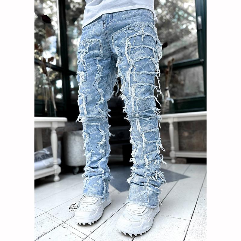 Men's Fashion Patch Jeans Slim Stretch Micro Lapped Straight Trousers