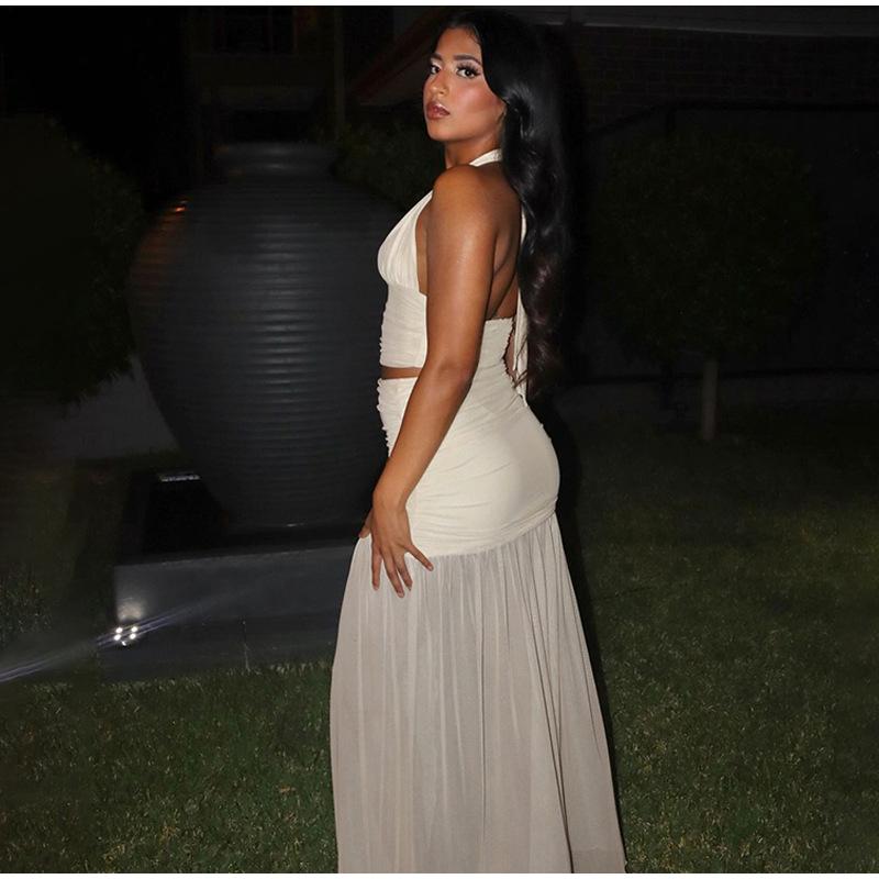 2025 Summer Elegant 2 Piece Set Women Sexy Mesh Lace-Up Backless Cropped Top and Pleated Split Skirt Streetwear Casual Suits