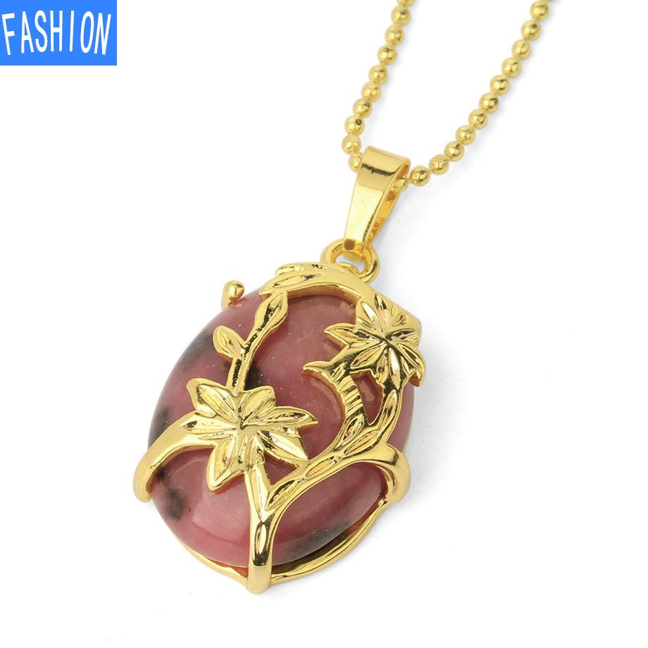 

Летняя мода, натуральный кристаллический камень, овальное позолоченное ожерелье с цветком, кулон line rhodonite