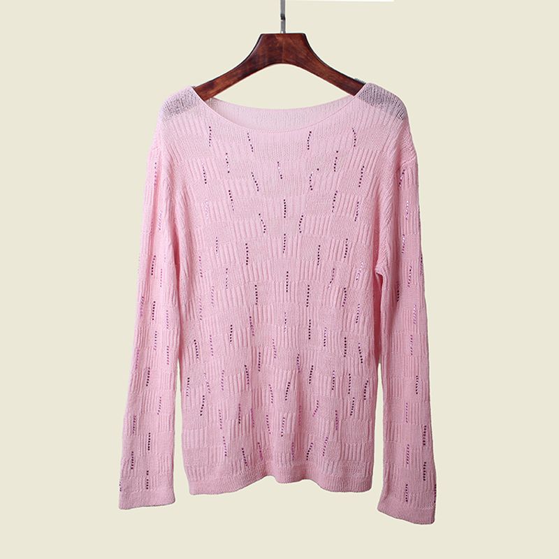 Off-Neck Hot Drilling Ice Silk Long Sleeve Knitwear Summer Coat Loose Version Cut Out Sun Protective Blouse