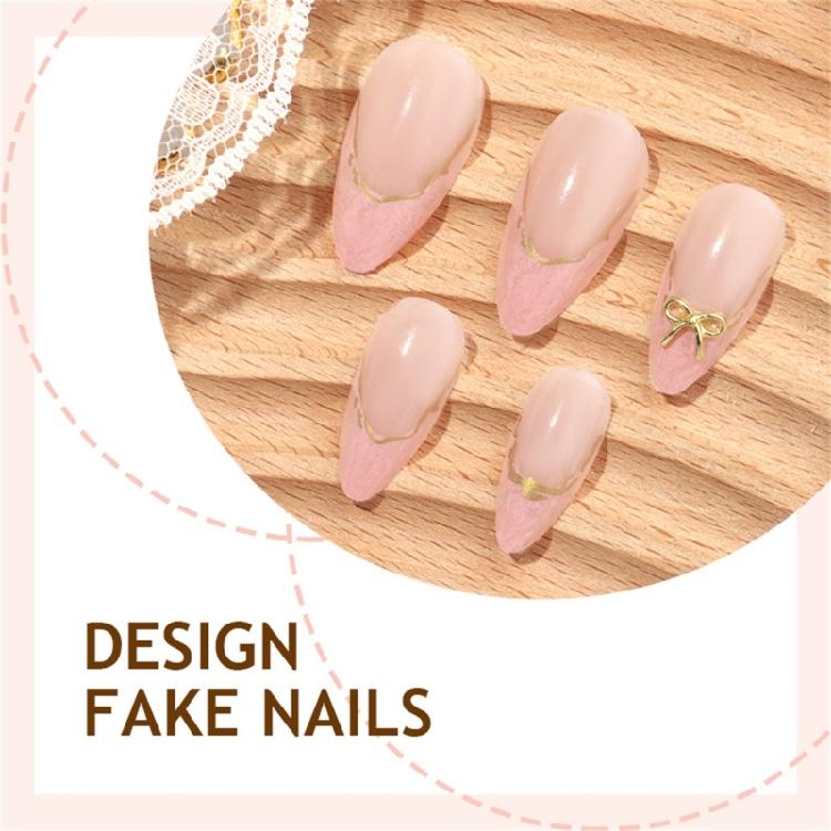 Multiple Style False Nail French Design Gold Trim Bows Detail Almond Shape Comfortable Artificial Nail for Women