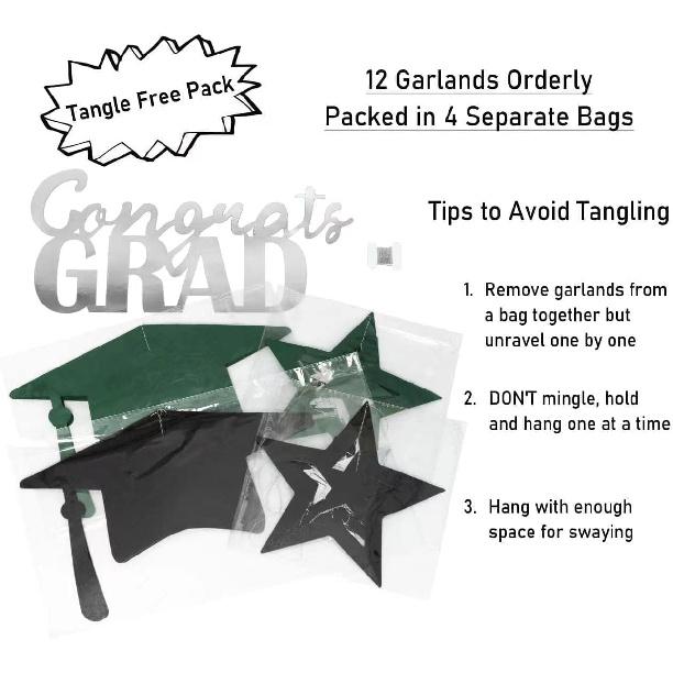 Cheerland 2025 Graduation Banner Party Decorations Green Graduation Cap Garland Kit Congrats Grad Supply for Prom Backdrop Decoration Ceiling Decor