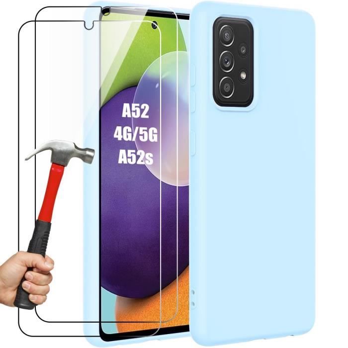 Coque - Booling - pour Samsung Galaxy A52/A52s 5G - Silicone TPU - Antichoc - Anti-Rayures - Bleu Ciel- 2 Verres