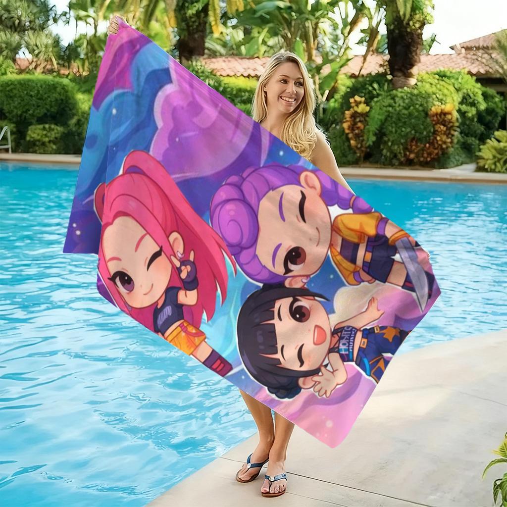 1pc Cute Chibi Girls Beach Towel Pink Purple Cartoon Quick Dry Microfiber Bath Towel for Swimming Surfing Camping Unisex Holiday