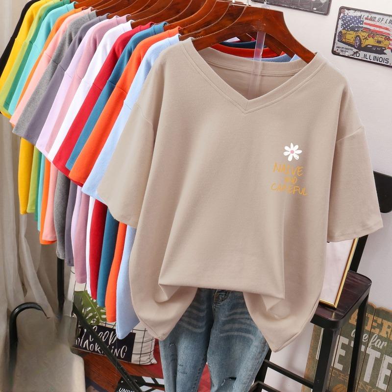 

Футболка з коротким рукавом, Вільного крою, Приталена футболка з V-подібним вирізом з принтом для жінок 5XL абрикосовий