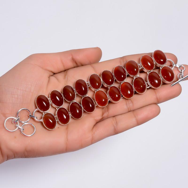 Sterling Silver Natural Carnelian Gemstone Bracelet Oval Shape Ethnic Style Handmade Jewelry Bracelet 6-8" WSJ-4611