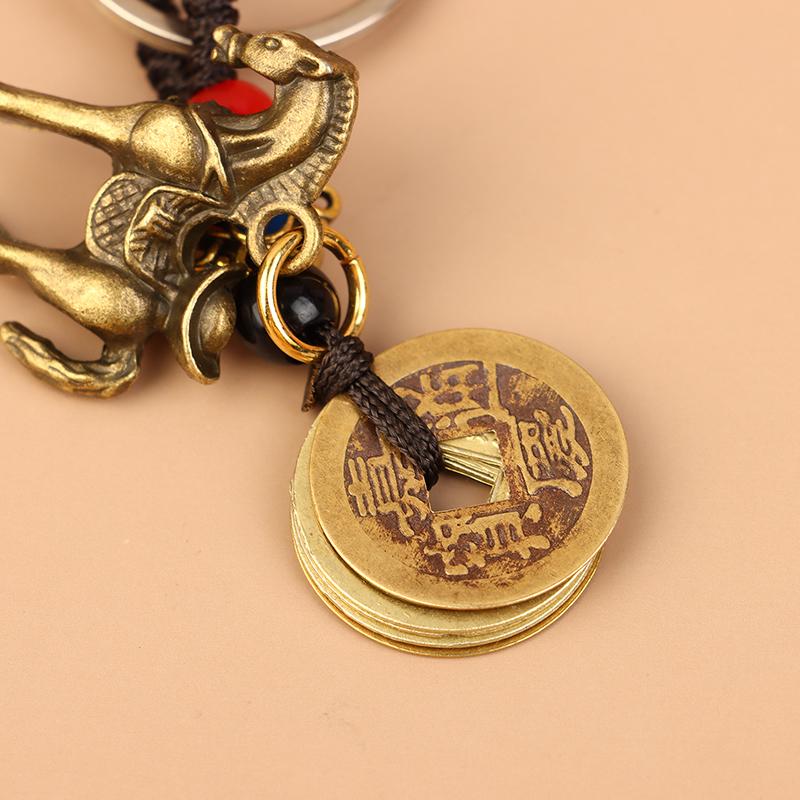 Chinese Lucky Horse Car Keychain Zodiac Brass Gourd Five Emperors Money Key Chain Metal Feng Shui Coins Lucky Key Ring