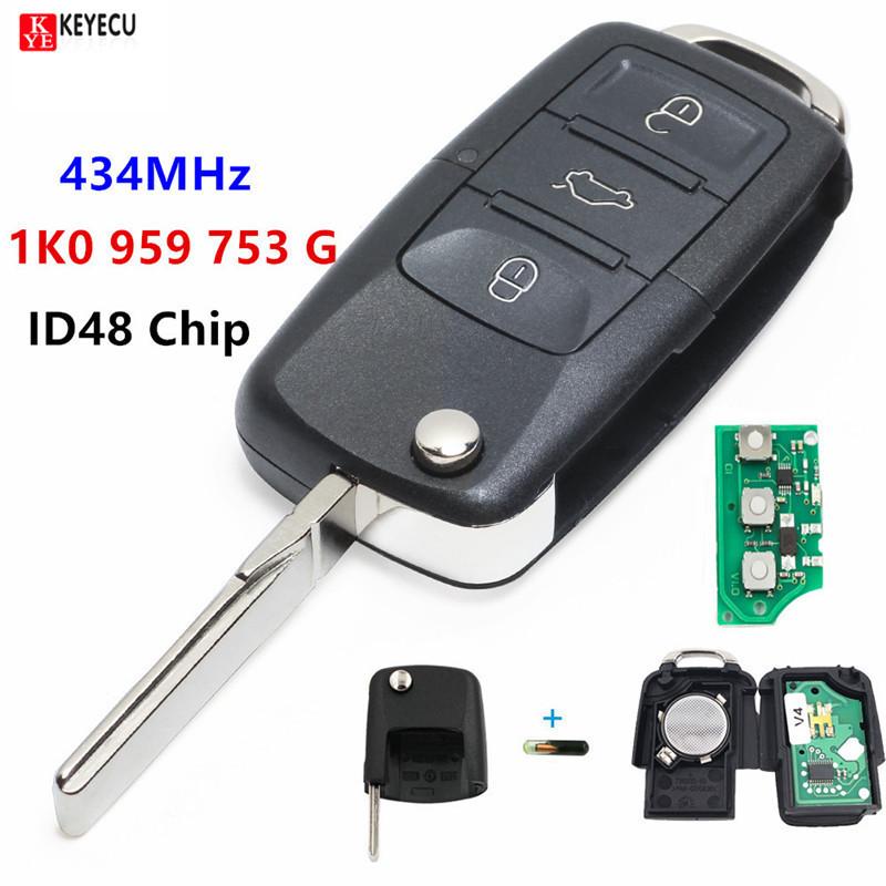 ID48 Chip 434 Mhz For VW Volkswagen Golf Passat Polo Jetta Touran Bora Sharan 1K0 959 753 G 2004 - 2010 Remote Car Key