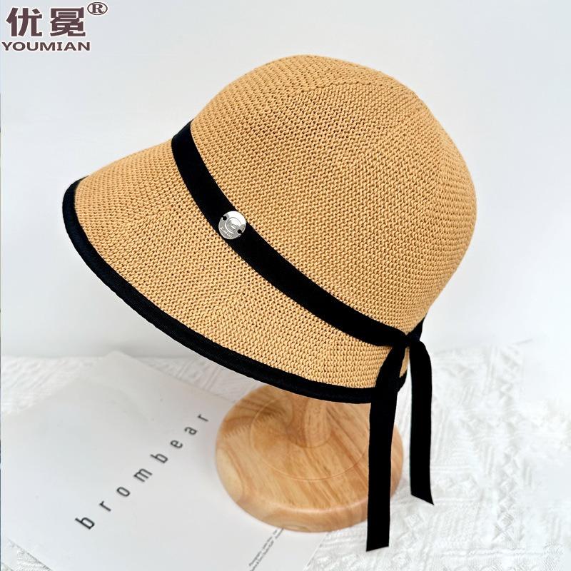 Spring and Summer Women's British Top Hat Thin Knitted Basin Hat Seaside Vacation Simple Sunshade Fashion Bucket Hat