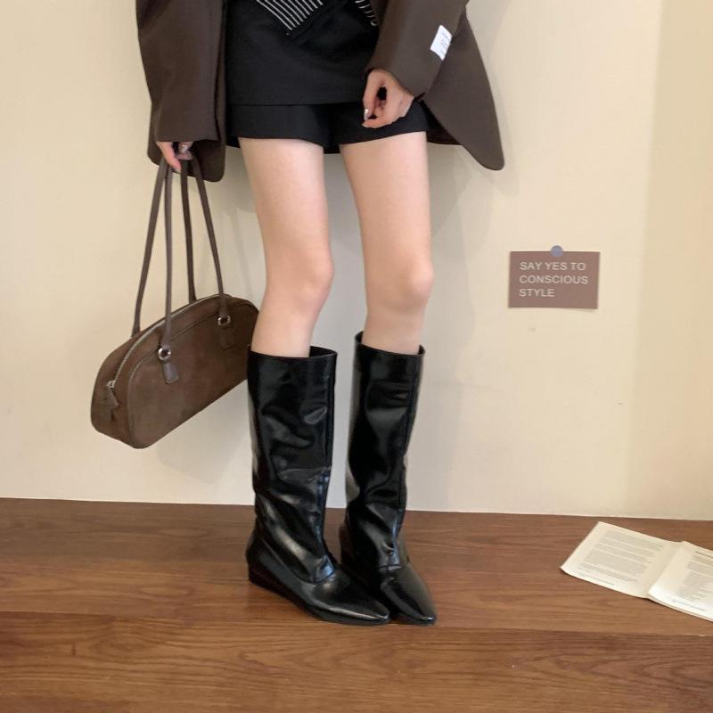 White trouser boots 2025 new Internet celebrity fat mm pointed wedge heel high tube but knee boots women