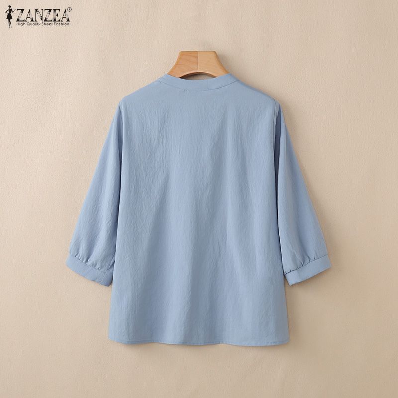 ZANZEA Women Casual V-neck Solid Color Loose 3/4 Sleeve Blouse