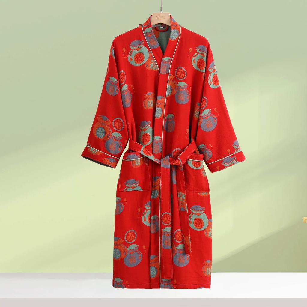 Print Flower Cotton Gauze Kimono Bathrobe Gown Female Robe Negligee Loose Home Dressing Gown Sleepwear Spring Summer Nightwear