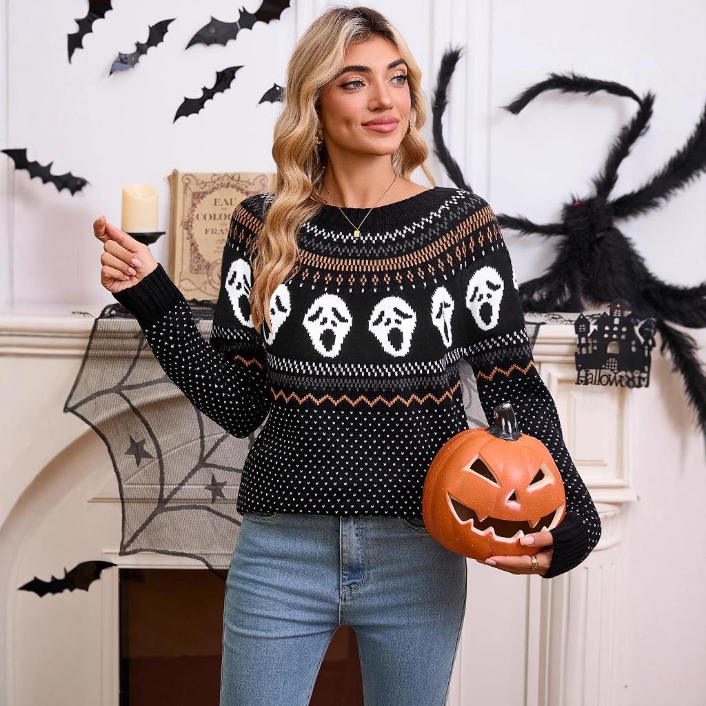 Autumn and Winter New European and American Sweaters Women's Loose Halloween Unique Skull Jacquard Crew Neck Long-sleeved Knitted Sweater