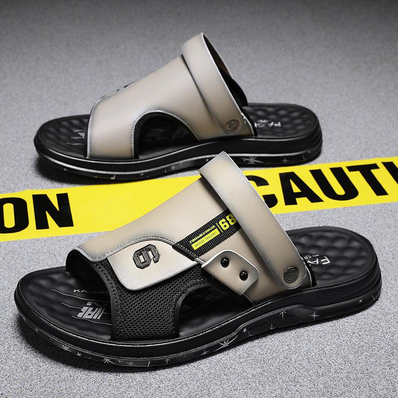 

Летние мужские сандалии, нескользящие шлепанцы для мужчин, пляжные сандалии, кожаные тапочки на мягкой подошве, мужские повседневные сандалии для отдыха на открытом воздухе, большой размер 38 бежевый
