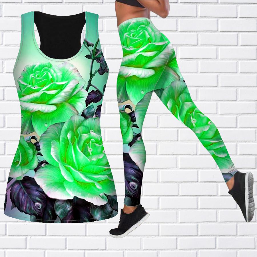 Rosa Tropfen-Rosen-Print-Yoga-Outfit für Damen, modische Workout-Leggings, Fitness, Sport, lässige Yoga-Hose