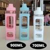 New 700/900ml Summer Water Bottle With Straw Clear Scale Plastic Portable School Drinking Bottle Student Juice Tea Water Cups