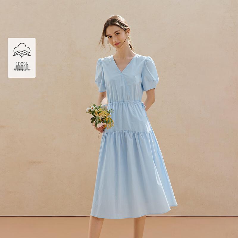 INMAN French V-Neck Puff Sleeve Midi Dress L