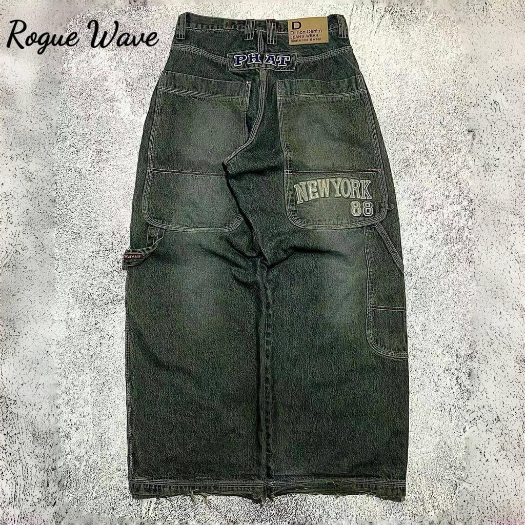 RogueWave American Hip-hop Retro Loose Jeans Women's Y2K New Tide Harajuku High Waist Wide leg Pants Gothic Wide Pants Street Pants