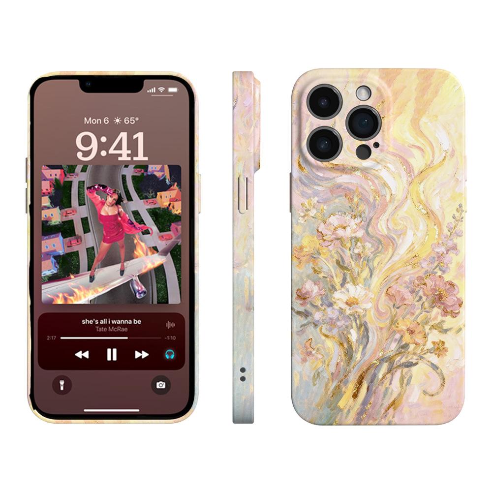 Pink gold abstract smudge oil painting mobile phone case iPhone12pm anti-drop film case Apple 17 artistic niche model