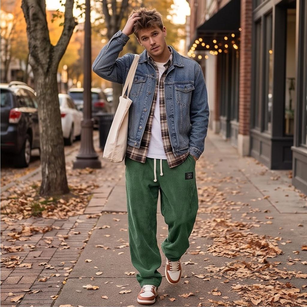 Men's Loose Fit Corduroy Wide Leg Pants with and Pockets, Color Casual Trousers
