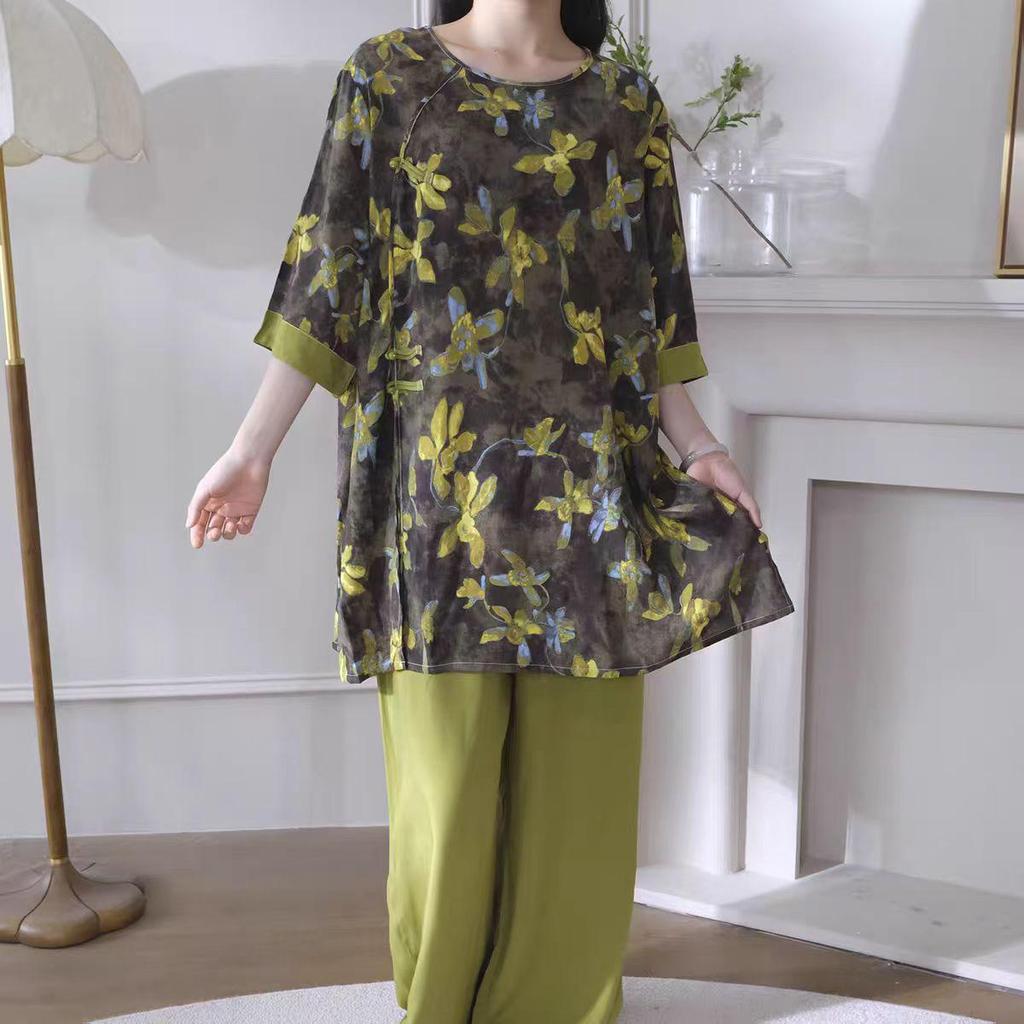Women's Summer Lyocell Cotton Pajama Set: Chic National Wind Design, Wearable Outside, Luxurious Feel