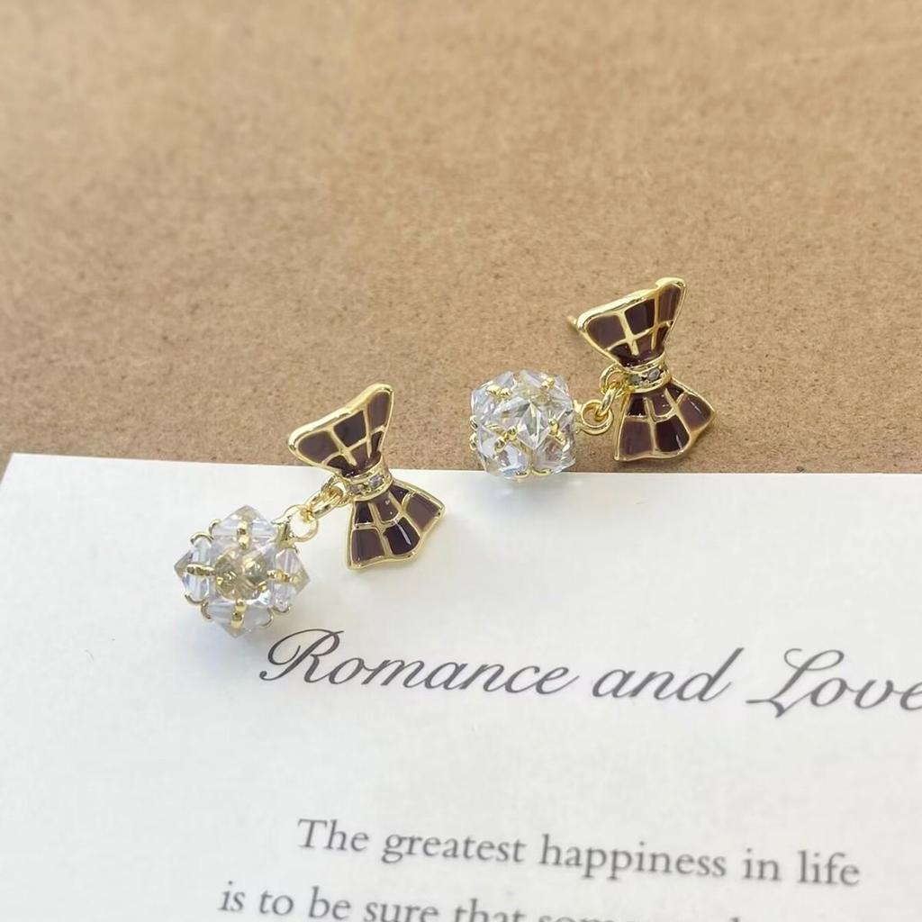 Elegant Zircon Ball Earrings - French Brown Checkered Bow Design