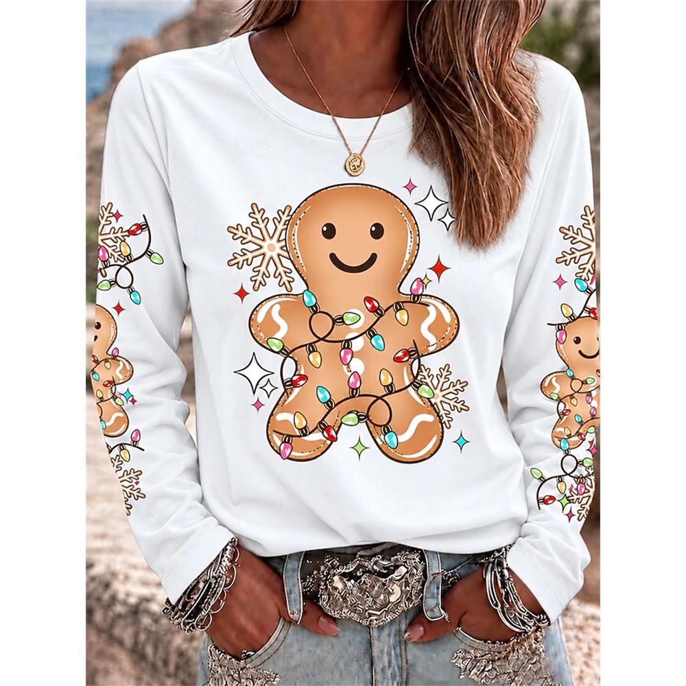 Women’s Christmas Long-Sleeve Pullover Santa Claus Snowflake Print Crew t