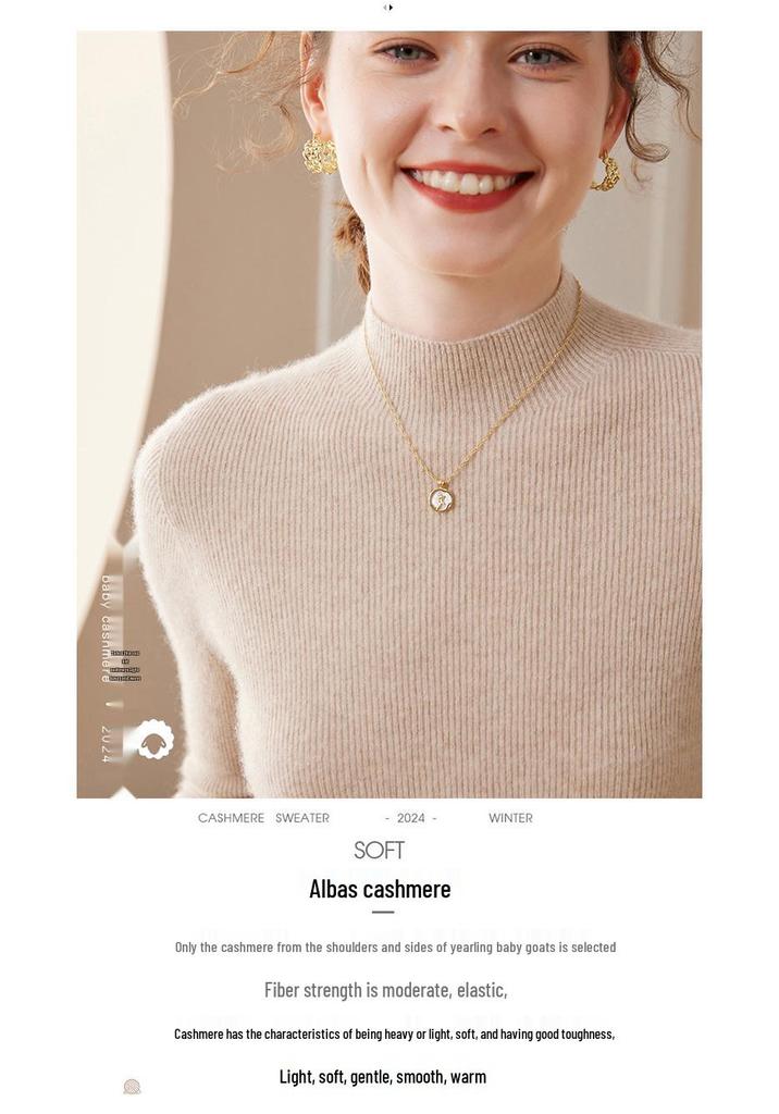 Women's High-Quality Cashmere Knit Base Layer Top - Long Sleeve, Tight-Fit, Warm & Soft Sweater for Autumn/Winter