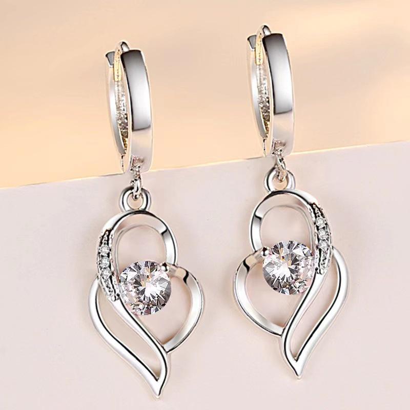 Silver-Plated Heart-Shaped Korean Style Earrings for Girls