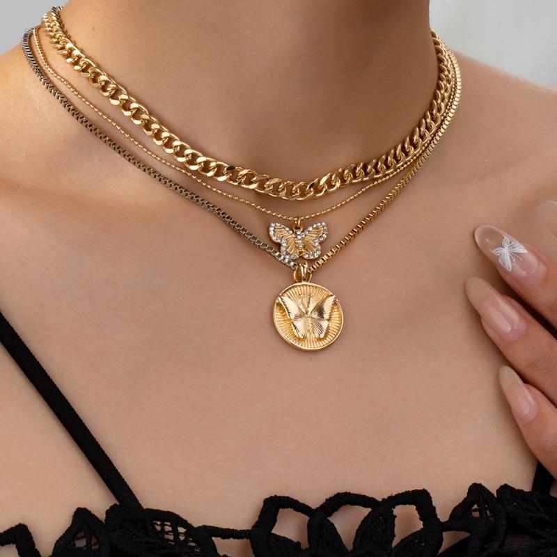 Multi-layer cuban link chain necklace - butterfly chunky chain ot clasp, edgy hip-hop punk style