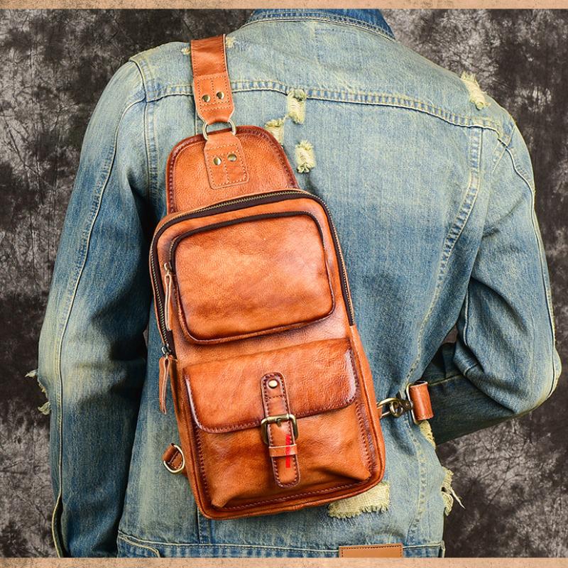 Johnature Vintage echtes Leder Outdoor Herren Brusttasche vielseitige einfarbige natürliche Rindsleder handgefertigte Schulter- und Umhängetaschen