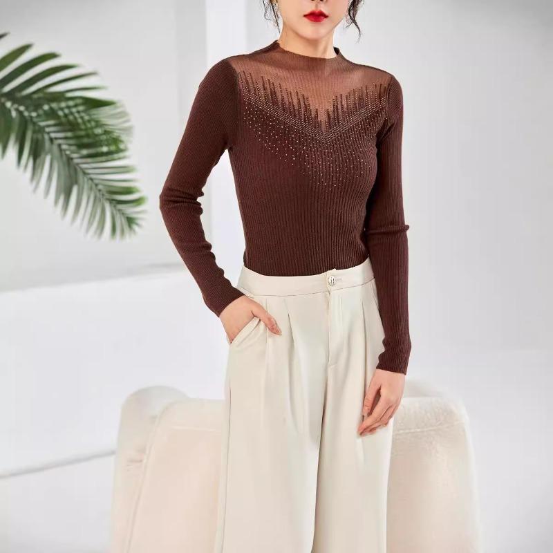 Silk wool knitted bottoming shirt women's long-sleeved winter new hot diamond semi-turtleneck top slim-fitting sweater