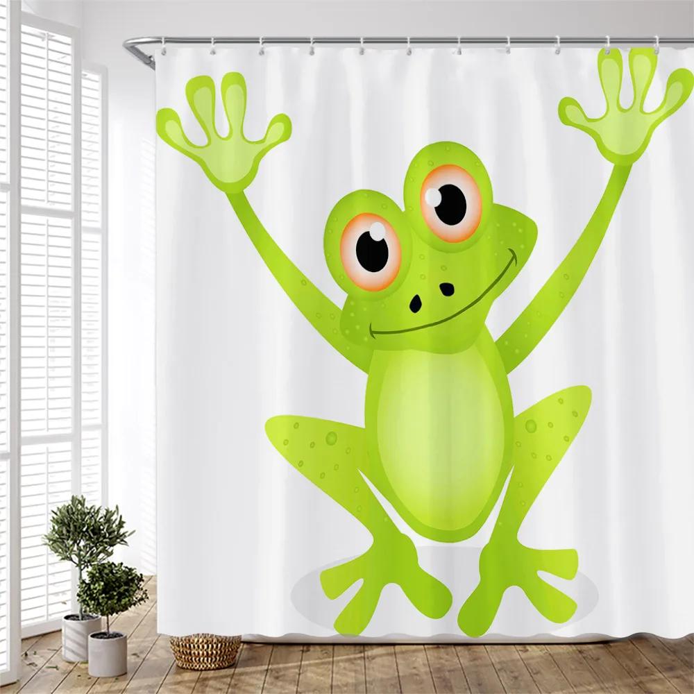 Cartoon Happy Green Frog Shower Curtain for Bathroom Children Bath Curtain Home Decor Polyester Washed Fabric Scenery with Hook