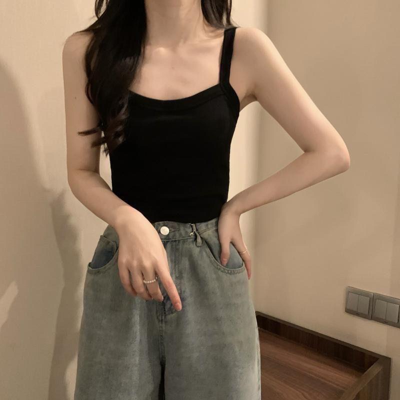 WTEMPO Letní tílka tank topy ležérní topy ženy s vestavěnou podprsenkou ramínkové tílko pro ženu jednobarevné dámské korejský styl