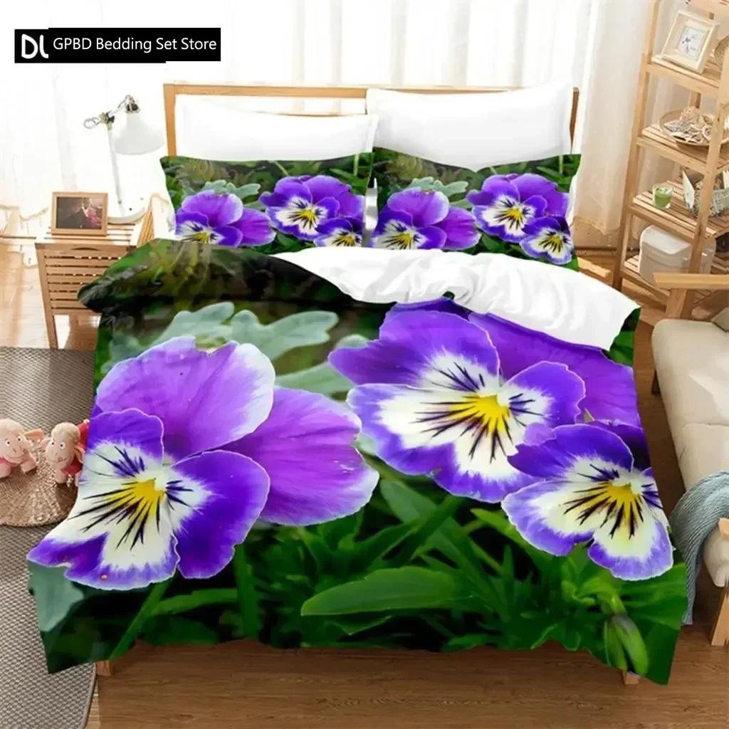 Lila Blumen Königin Bettwäsche Set Für Schlafzimmer Weich Modern Bettüberwürfe Bequem Kinder Bettbezug Steppdeckenbezug Und Kissenbezug