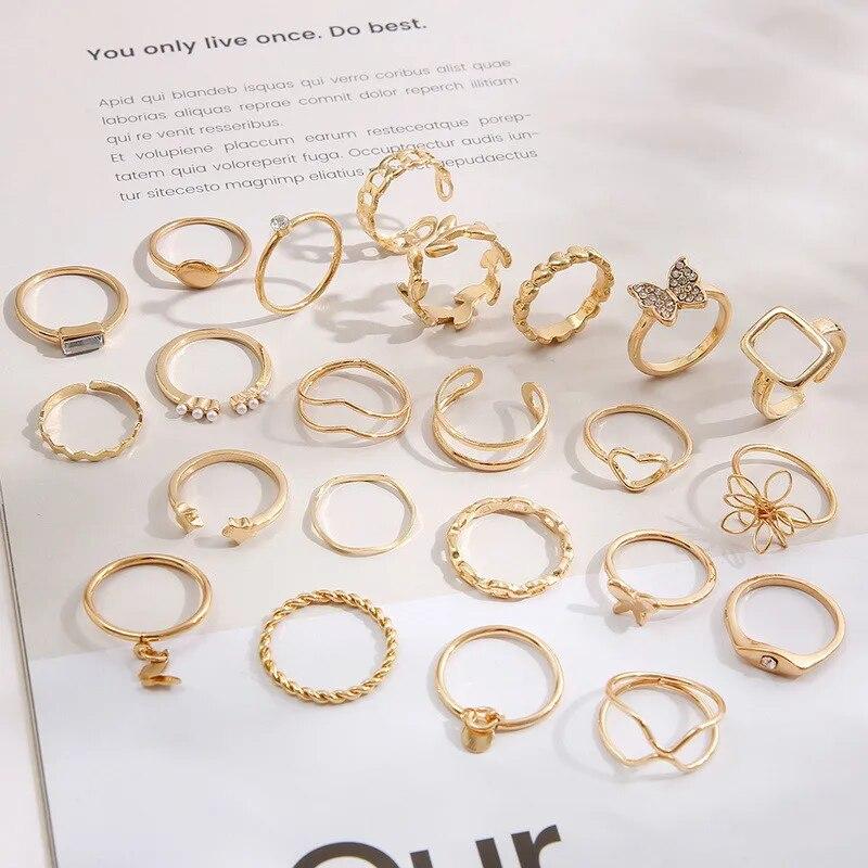 22PCS/SET Korean Exquisite Hollow Butterfly Heart Flower Knuckle Rings Set For Women Men Trendy Geometric Leaf Ring Jewelry Gift