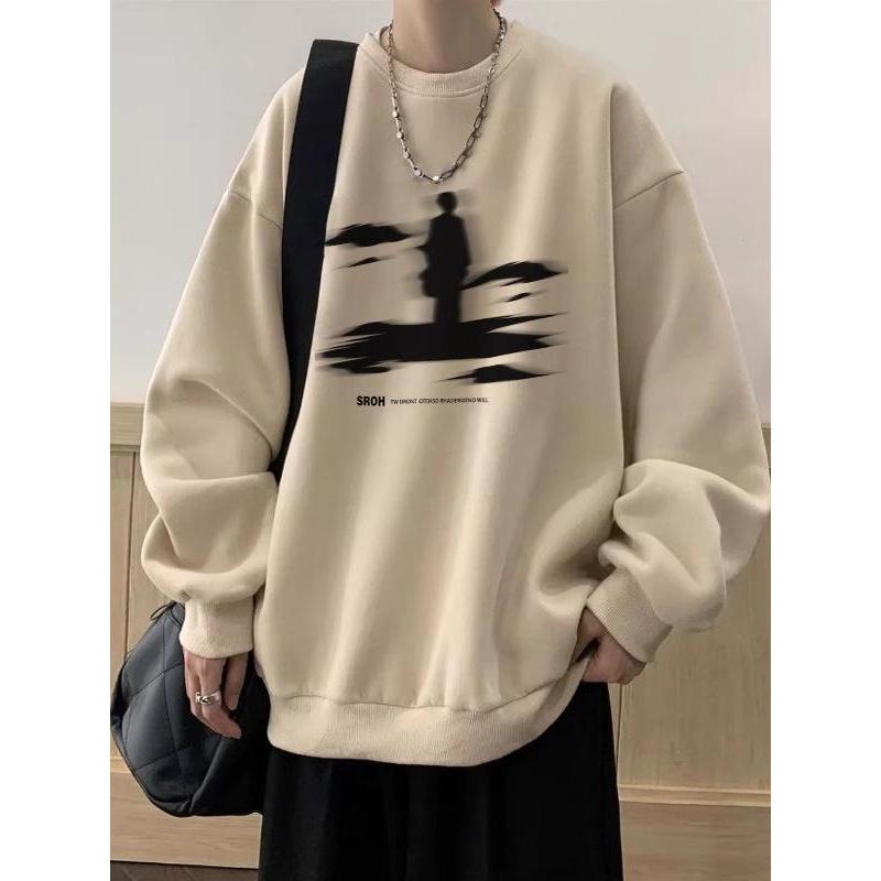 Men's American Retro Fleece-Lined Round Neck Sweatshirt, Heavyweight Cotton Casual Loose Top for Autumn/Winter.