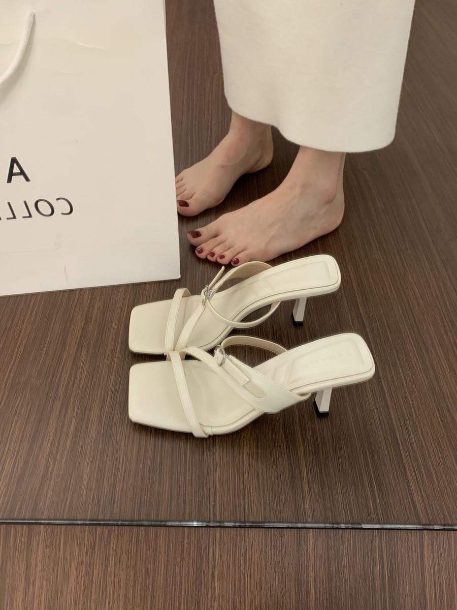 

Молочно-белые шлепанцы с квадратным носком и открытым носком для летней женской носки, новые босоножки на шпильке высотой 7 см. 39 абрикосовый