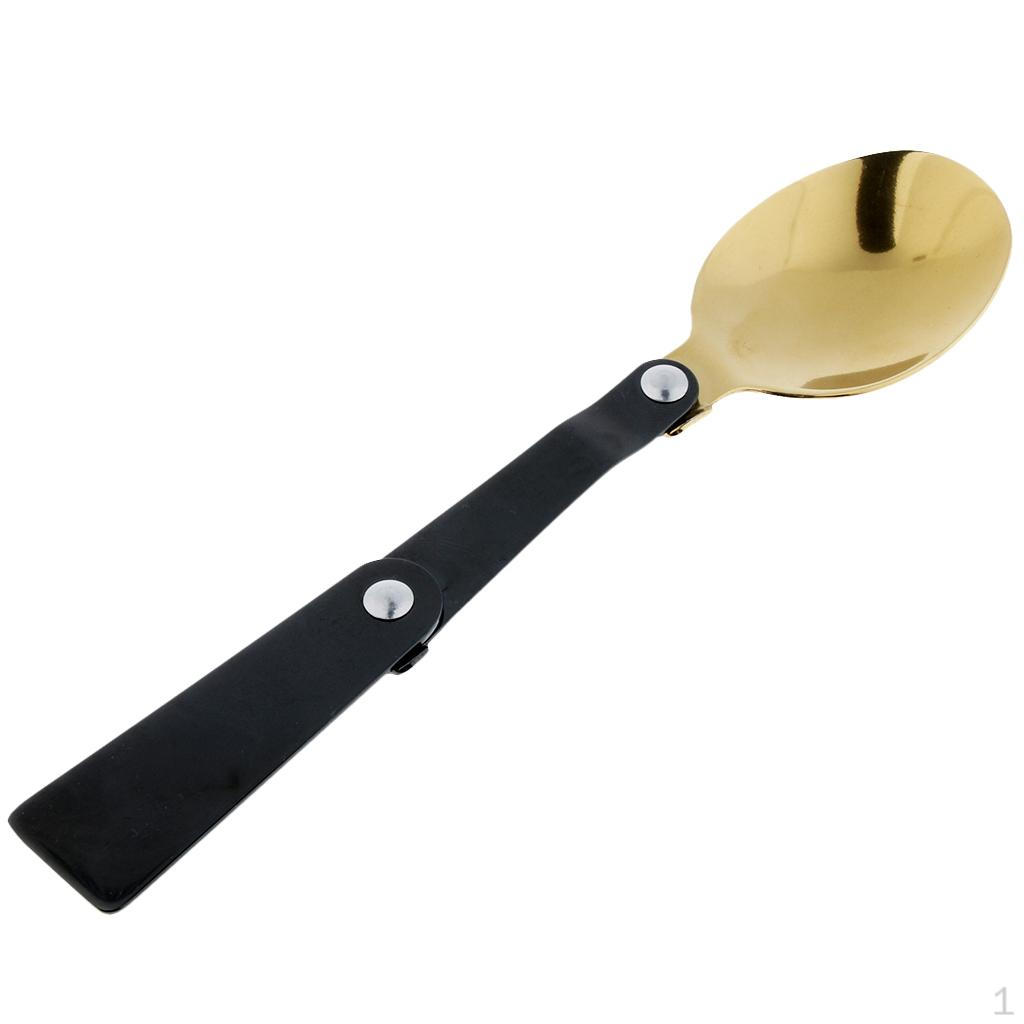 

Folding Stainless Steel Camping Spork Small Portable Fork/Spoon Cutlery + Case Black Gold-Spoon