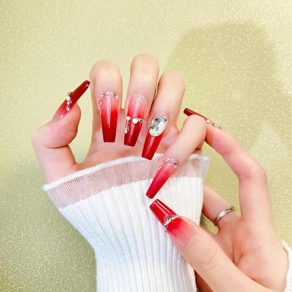 Handmade Rhinestone Wine Red Gradient Press-on Nails – High-End, Long Ladder Style, Full of Aura.