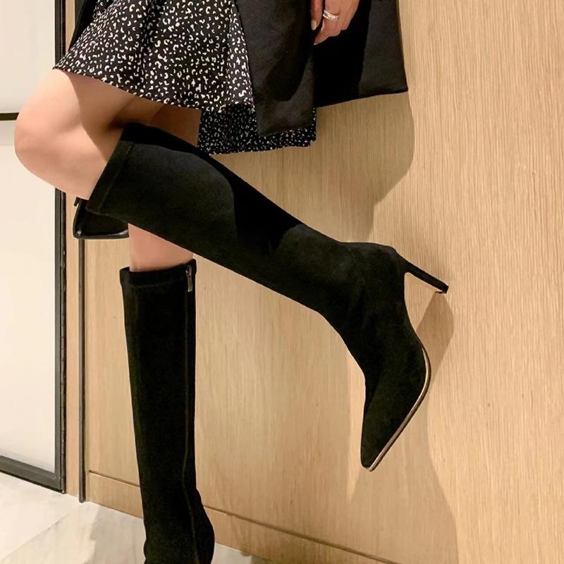 Pointed apricot suede high-heeled boots women's elastic thin boots thick heels but knee-thick high boots