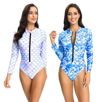 European and American New One-piece Swimsuit Women's Long-sleeved Zipper Fish Scale Printing Fashion Trend Surf Suit  Women's Swimsuit