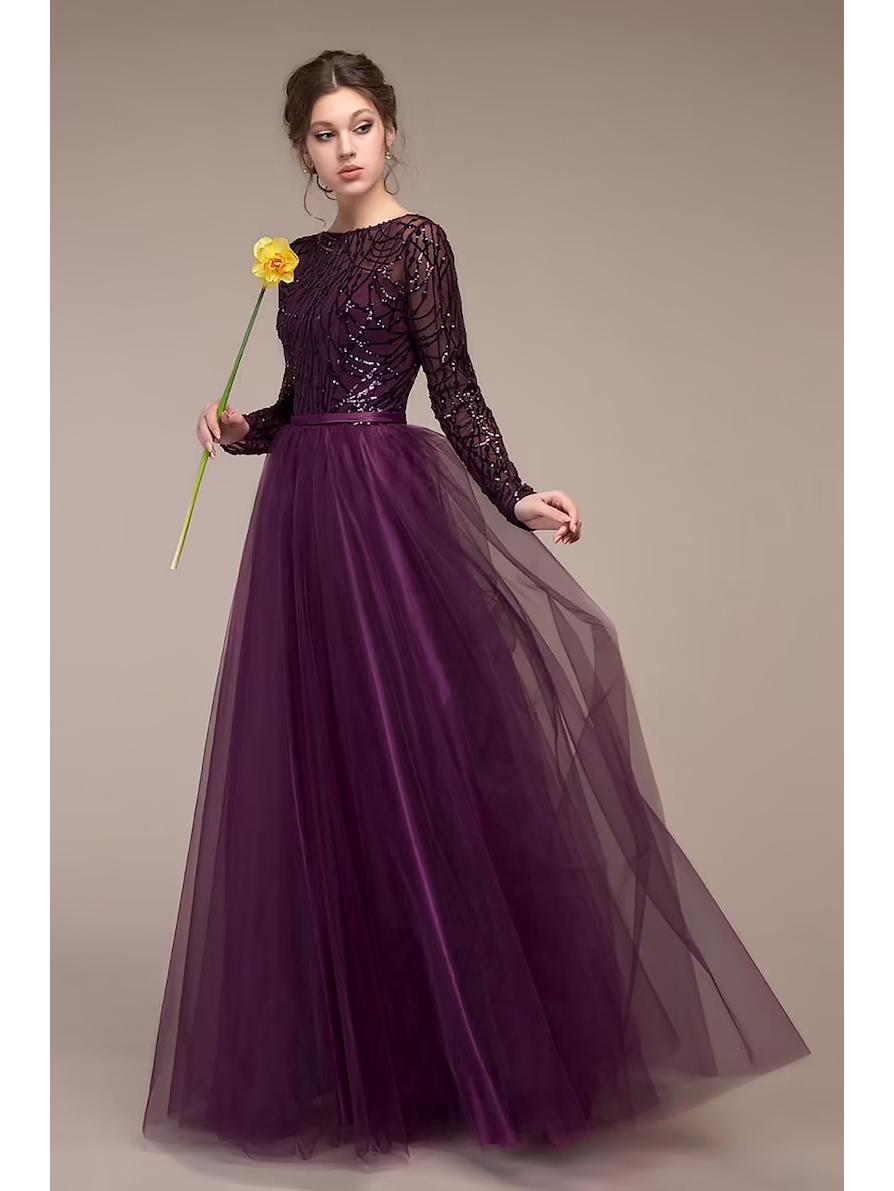 

Весенне-летнее вечернее платье с длинным рукавом облегающего кроя и круглым вырезом M фиолетовый