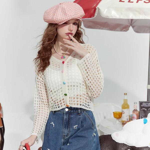 2025 Summer Korean V-Neck Hollow Loose Knit Cardigan for Women