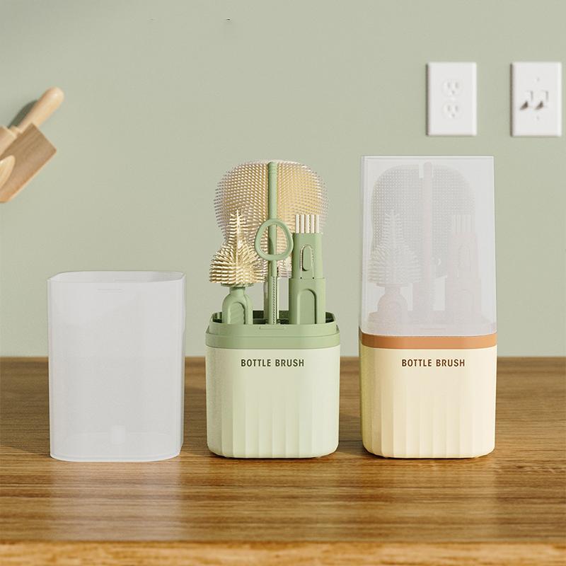 6 In 1 Portable Travel Baby Bottle Cleaning Brush Set With Silicone Bottle Brush Straw Brush Nipple Brush Bottle Drying Rack