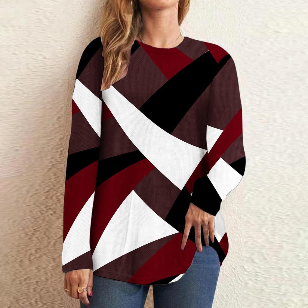 Casual Color Block Long Sleeve Tops For Women Fall Geometric Graphic Crewneck Loose T Shirts Slouchy Tunic Blouses